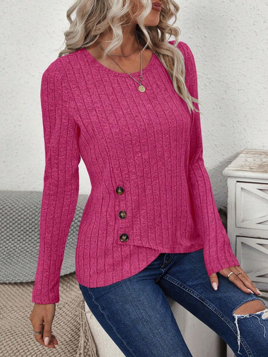 Blusa Canelada com Botões Laterais Assimétricos