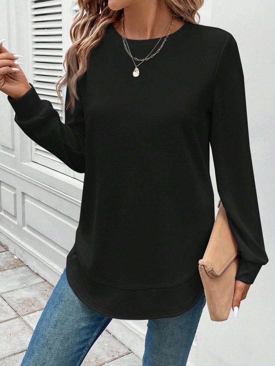 Blusa Manga Longa com Barra Arredondada
