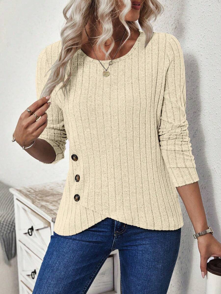 Blusa Canelada com Botões Laterais Assimétricos